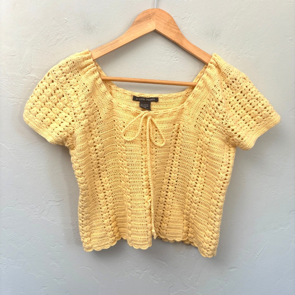 Boston Proper Crochet Knit Sweater Size Medium Butter Yellow Crop Cottagecore